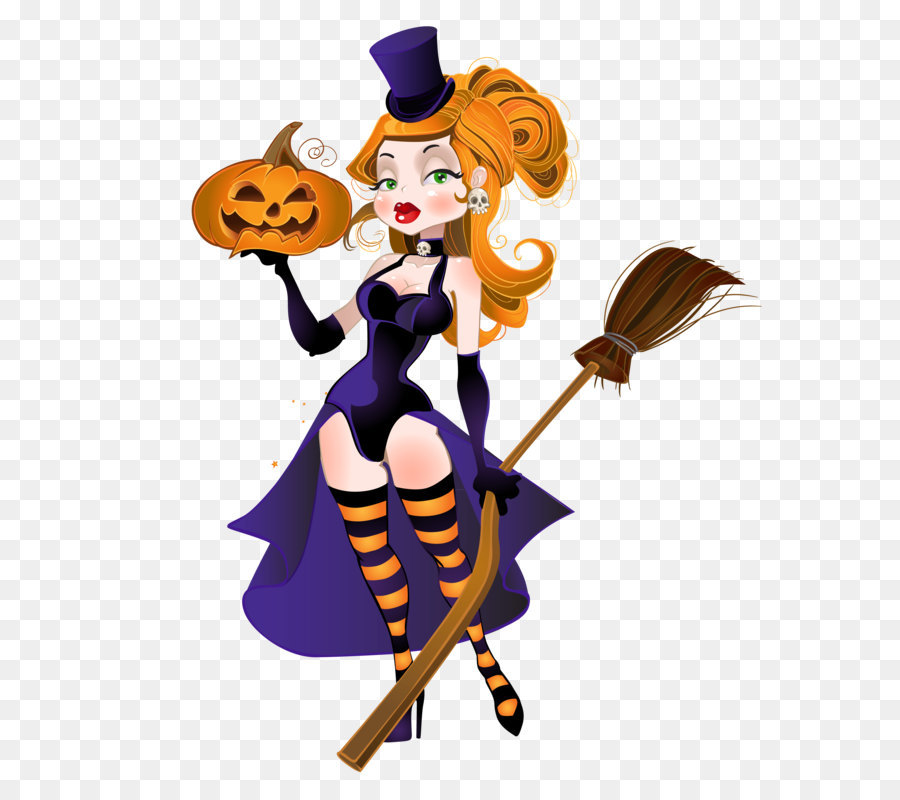 Halloween Hexerei Illustration - Halloween Hexe mit Besen und Kürbis PNG Clipart