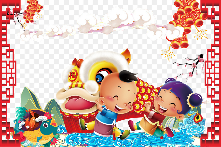 Danza del leone Cinese Nuovo Anno di danza del Drago Cartoon Festival delle Lanterne - felice anno nuovo