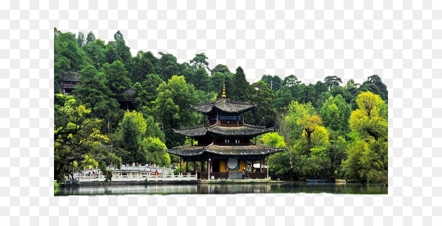Chinesische Architektur - Ein kleiner Pavillon zwischen den Bäumen auf der anderen Seite des Flusses