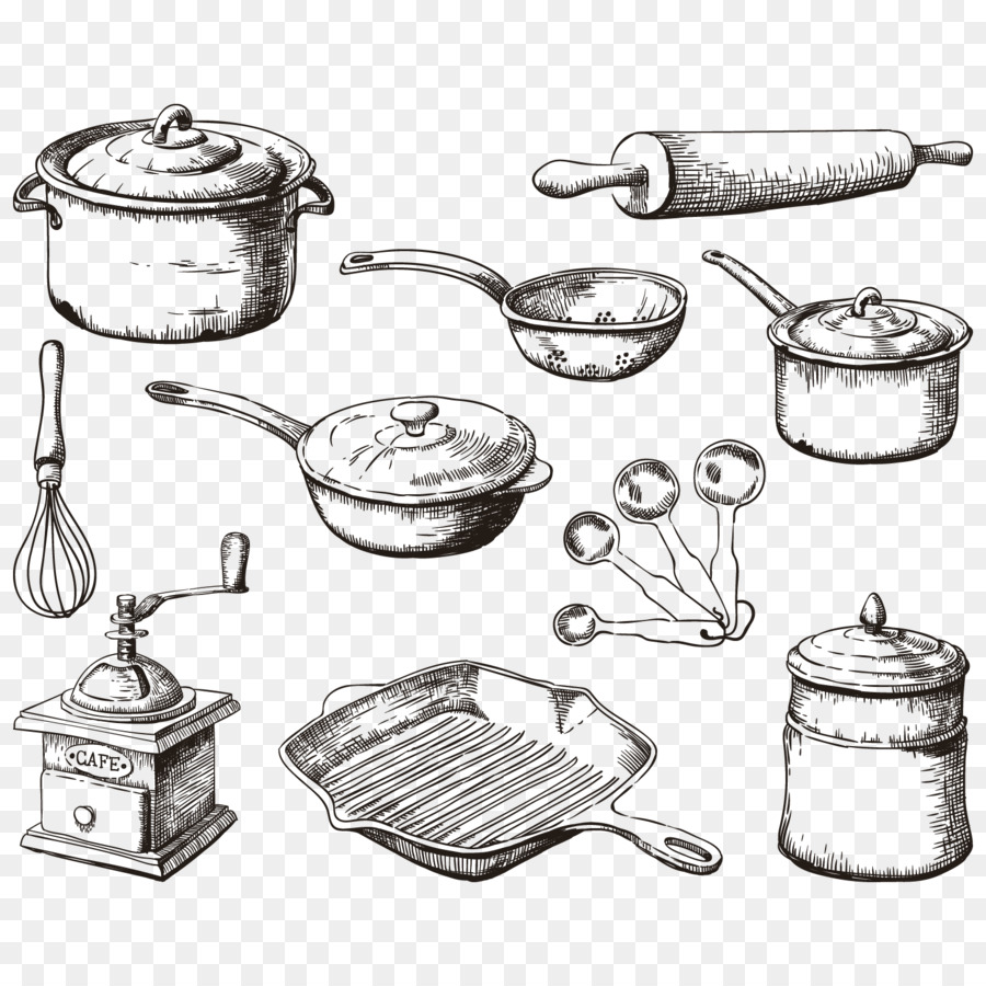 Utensile da cucina Cucina padella di Cottura - Vettore dipinte a Mano, utensili da cucina