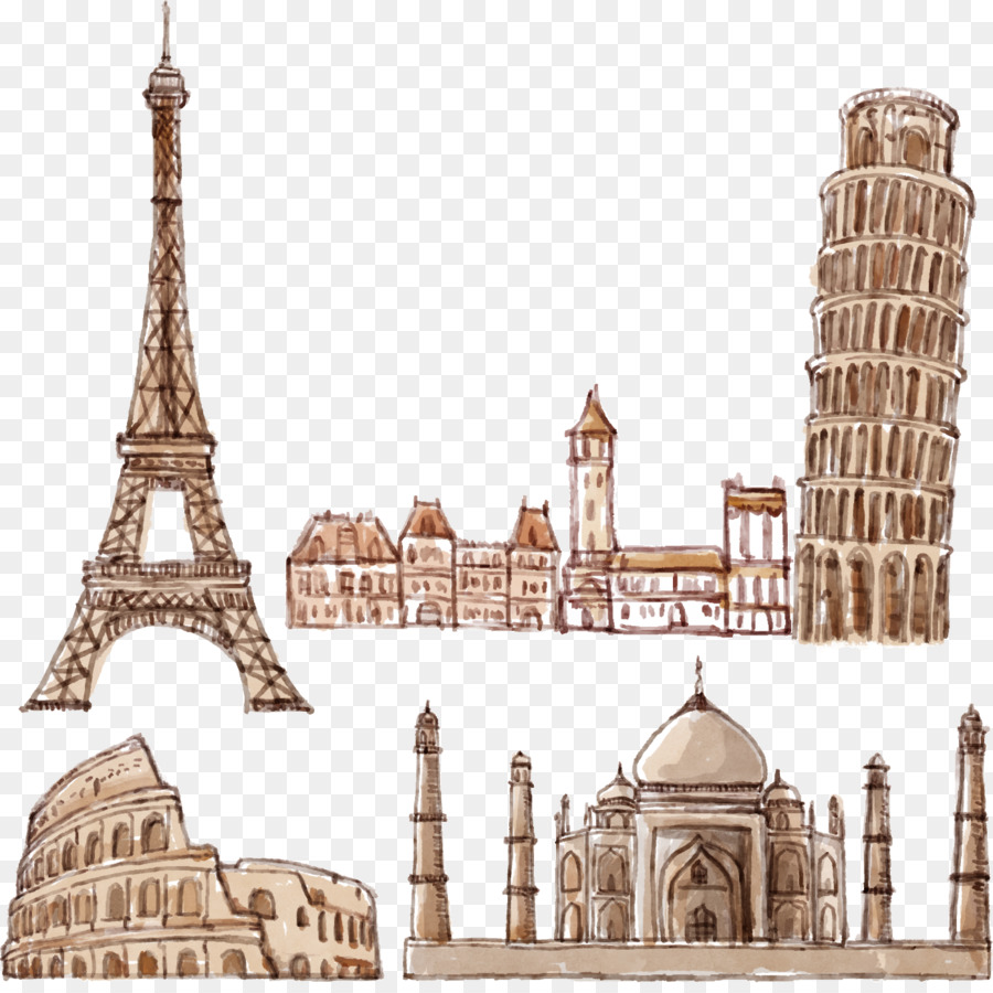 Eiffel Tower In New York City Rom Zeichnung - Vektor hand gezeichneten Eiffelturm von Pisa, Kolosseum