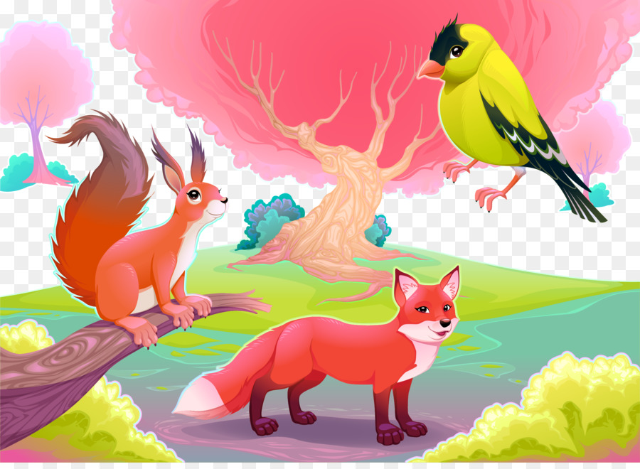 Cartoon animali Divertenti Teatrale paesaggio Illustrazione - Parrot scoiattolo, la volpe.