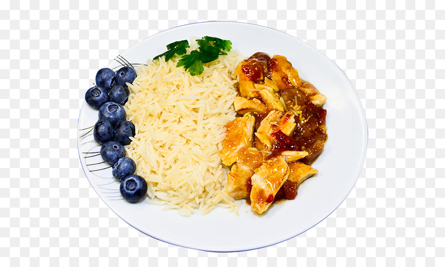 Gesunde Ernährung Essen Essen-Gewicht-Verlust - Heidelbeer-Huhn mit Reis auf einem Teller