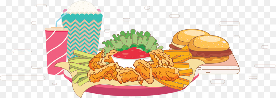 Hamburger di Bufalo ala Junk food di pollo Fritte Fast food - Cartone dipinto a mano hamburger di pollo ali di pacchetto