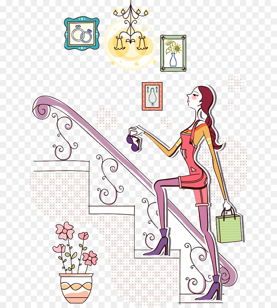 Shopping-Fashion-Frau - Cartoon Frau auf der Treppe