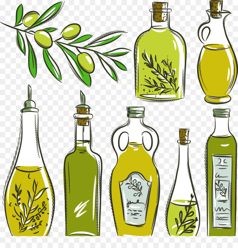 l'olio di oliva in bottiglia - Mano, disegnato, elementi di olive
