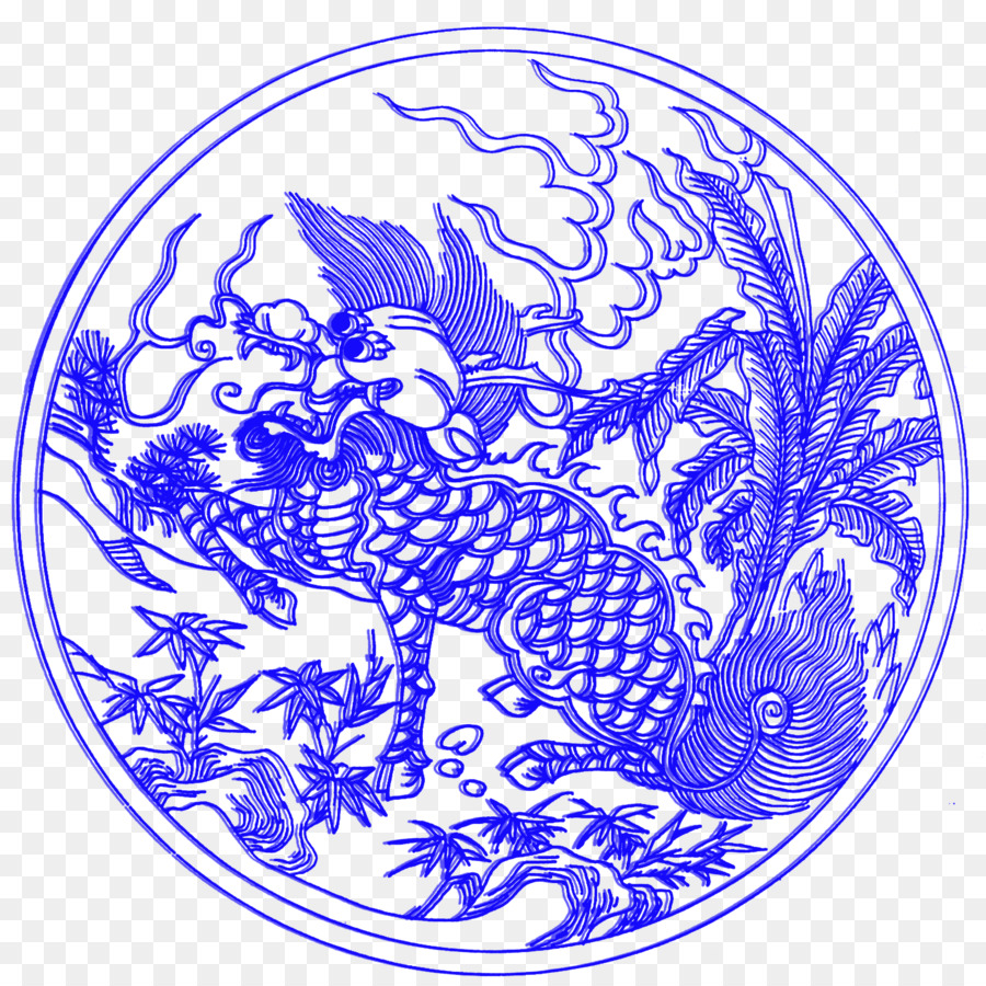 Blauen und weißen Keramik-Kreis Qilin Clip-art - Blue unicorn