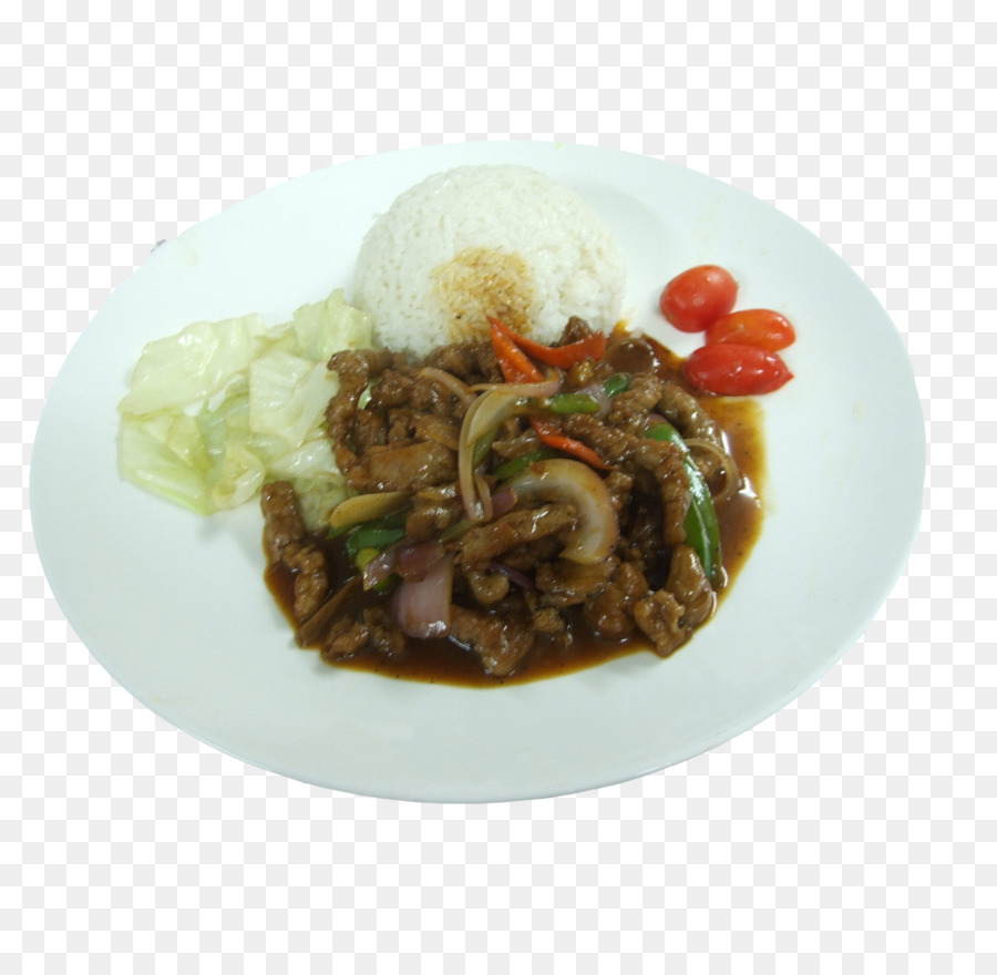 Asiatische Küche, Mongolisches Rindfleisch Hainan chicken rice Gebratener Reis mit Paprika - Gebratenes Rindfleisch und Reis mit Zwiebeln und schwarzen Pfeffer