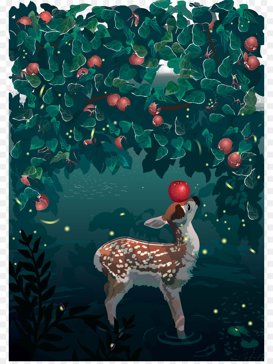 Renne di Natale albero di Mele - Dipinto a mano motivo di sfondo di apple cervo