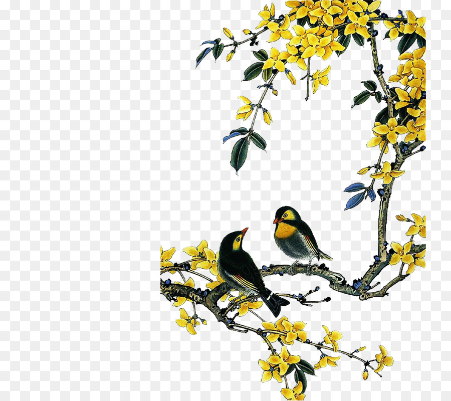 Chinesische Vögel chinesische Malerei Vogel-und-Blumen-Malerei - Gelb Pfirsich
