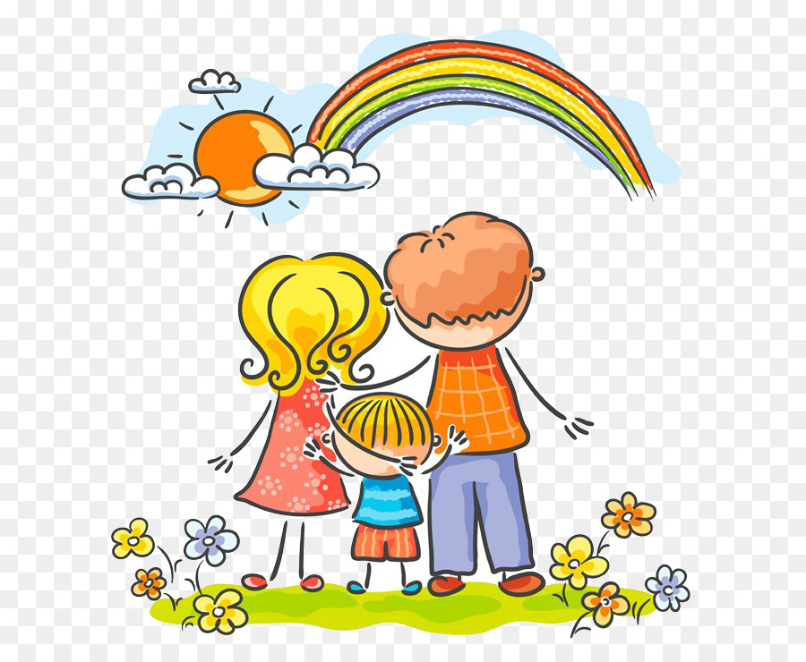 Bambino, Famiglia, Illustrazione - Cartoon famiglia di tre persone a vedere l'arcobaleno