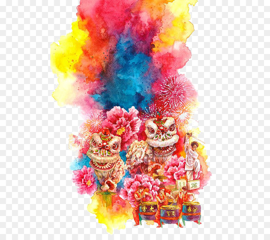 Chinese New Year Màu nước sơn múa lân Hoạ - Vẽ con sư tử