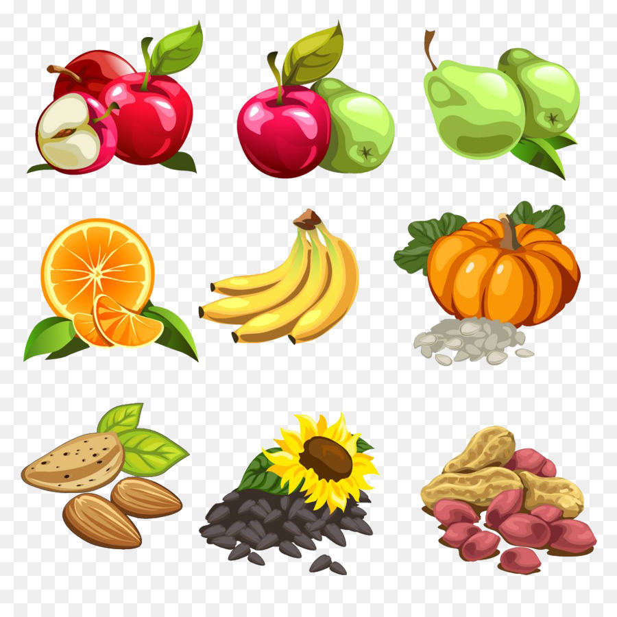 Mutter Cartoon-Früchte-Illustration - Banane-Apfel-Birne-orange-Kürbis-Sonnenblumenkerne roh