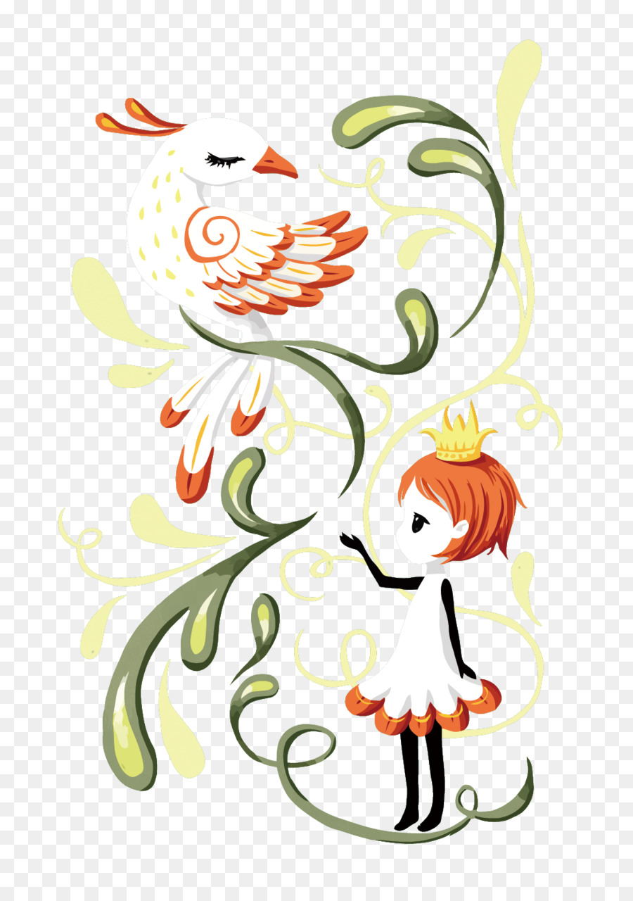 Una Piccola Principessa Floreale design progettazione Grafica Cartoon - Vettore piccola principessa e il pavone