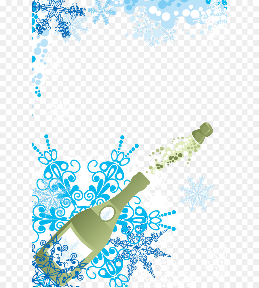 Champagner Glas Wein Flasche - Flasche mit blauen Schneeflocken-dekoratives Muster-Vektor