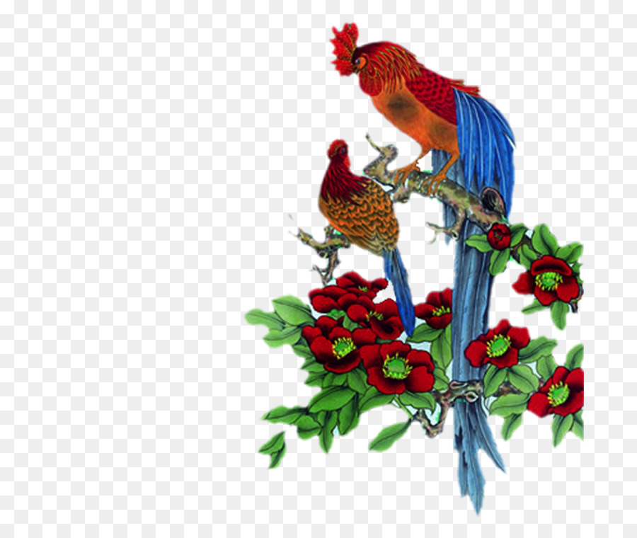 Gongbi Trung quốc vẽ Chim phượng hoàng và hoa sơn Motif - Gà Cây