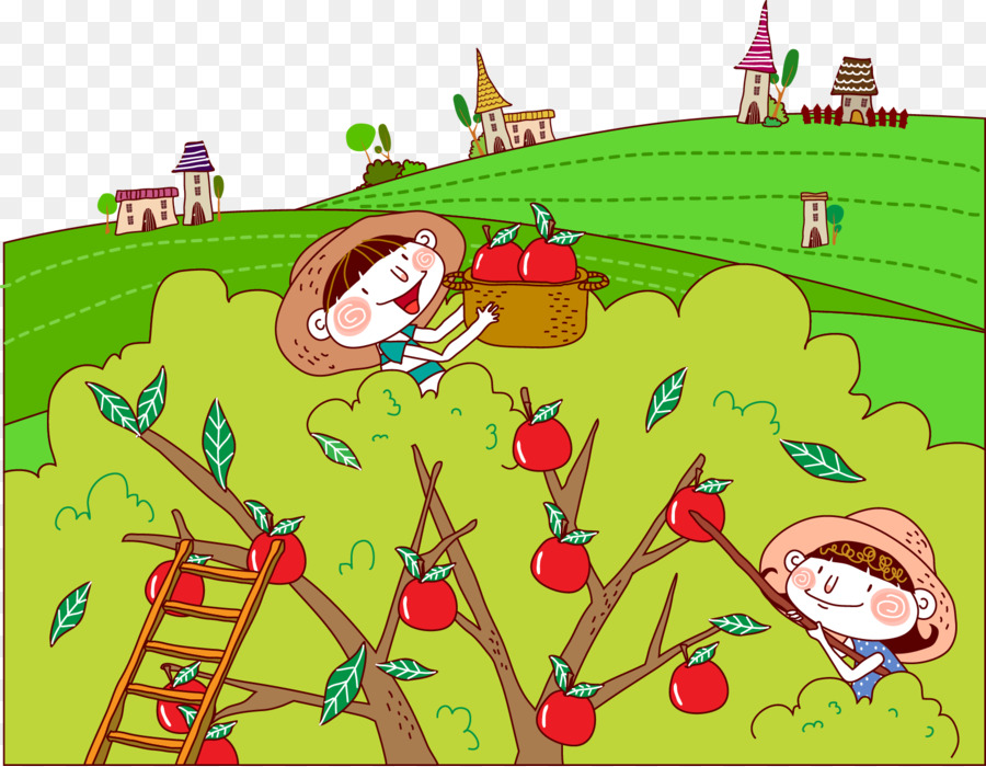 Cartoon Auglis Abbildung - Äpfel pflücken zusammen