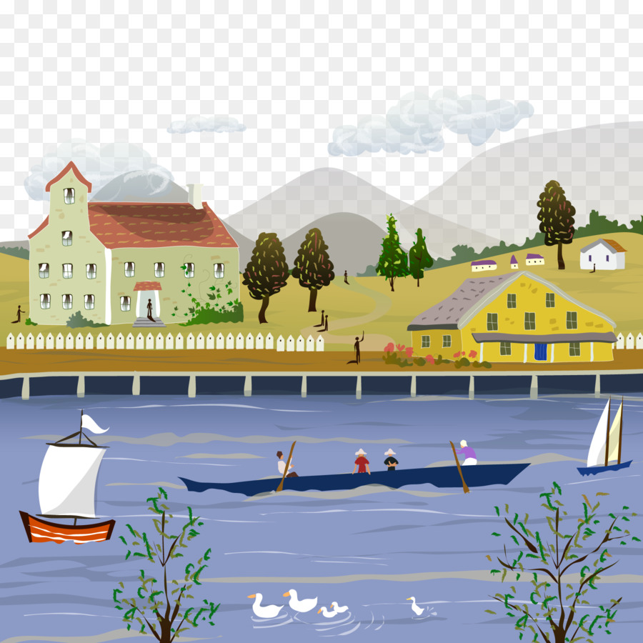 cartoon illustration - Cartoon Kleine Land Fluss Bootfahren