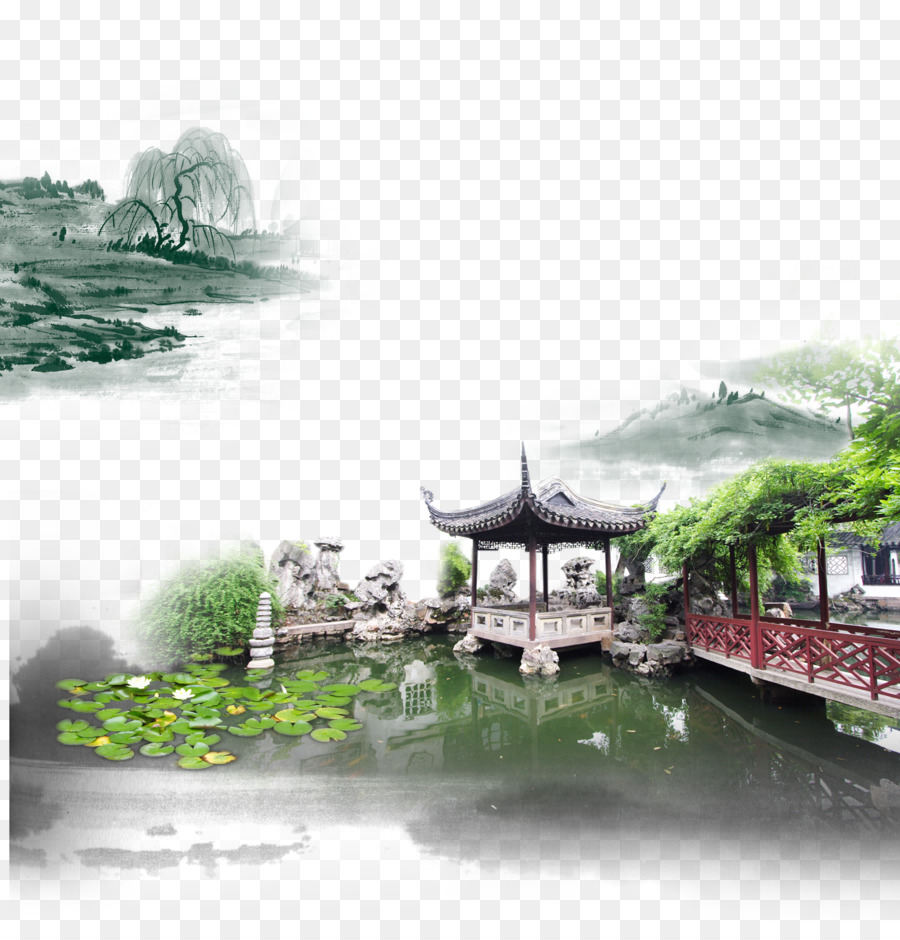 Cina Jiangnan Poster Inchiostro lavare pittura - Cina Vento creativo sfondo verde acqua Mansion