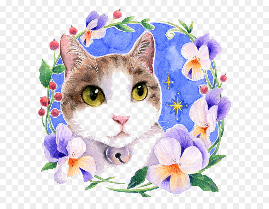 Aquarell: Blumen-Katze-Aquarell Blumen Aquarell - Aquarell Katze