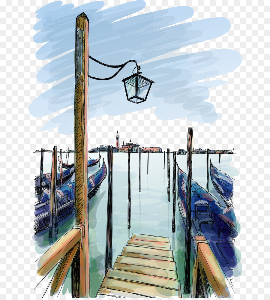 Piazza San Marco San Giorgio Maggiore Drawing Illustration - Dipinto a mano paesaggio di mare
