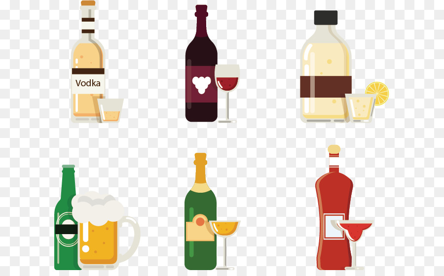 Wein, Bier, Wodka, Alkoholfreie Getränke - Vektor von Hand bemalt Wein