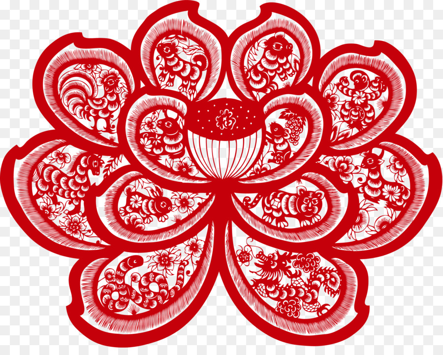Lotus 12 Ritaglio di carta Cinese di taglio d'Arte - Vettore di carta di taglio loto rosso