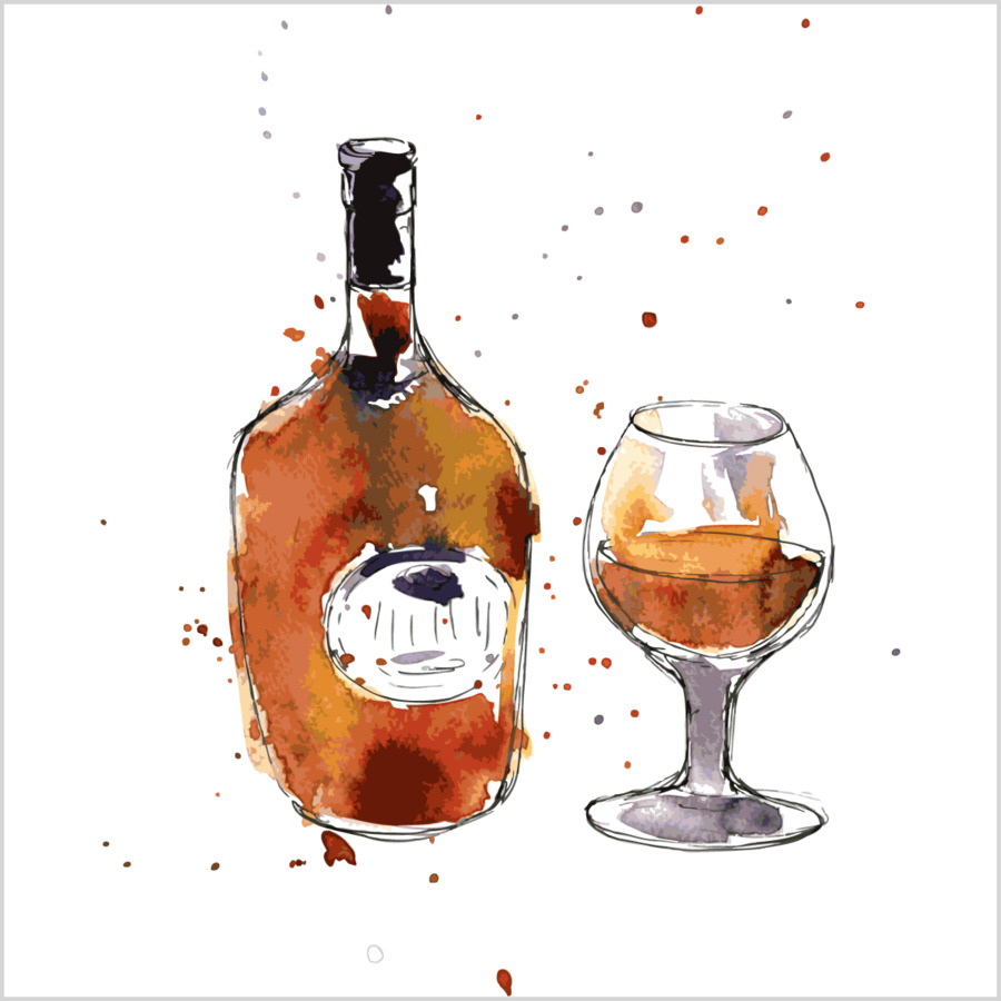 Cognac, Champagner, Wein, Zeichnung Aquarell - Cognac