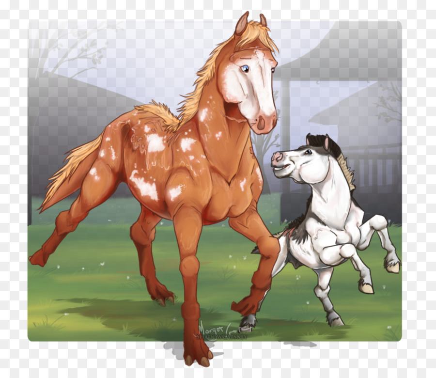 Mustang Pony-Zeichnung Stute Hengst - von hand bemalt, gras