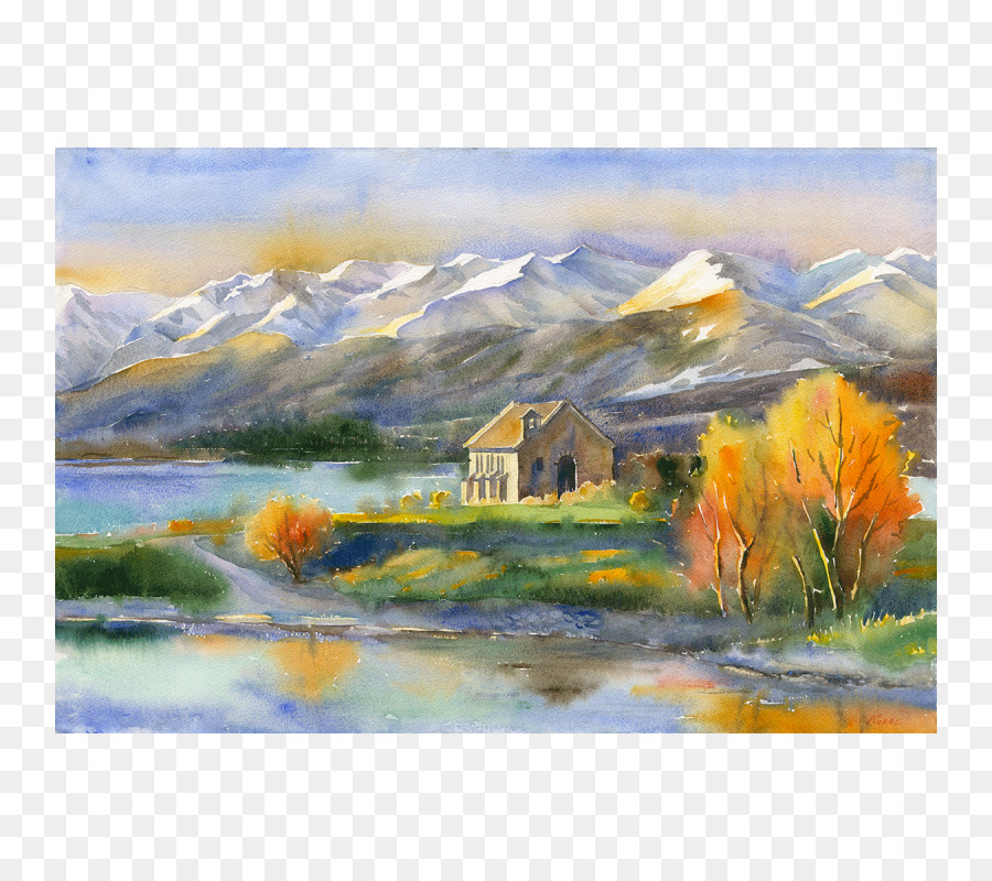 Aquarell-Malerei Lake Tekapo Kirche des Guten Hirten Landschaftsmalerei - Malerei