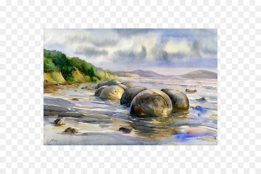 Aquarell Malerei, Kunst, Moeraki Boulders Strand - Malerei