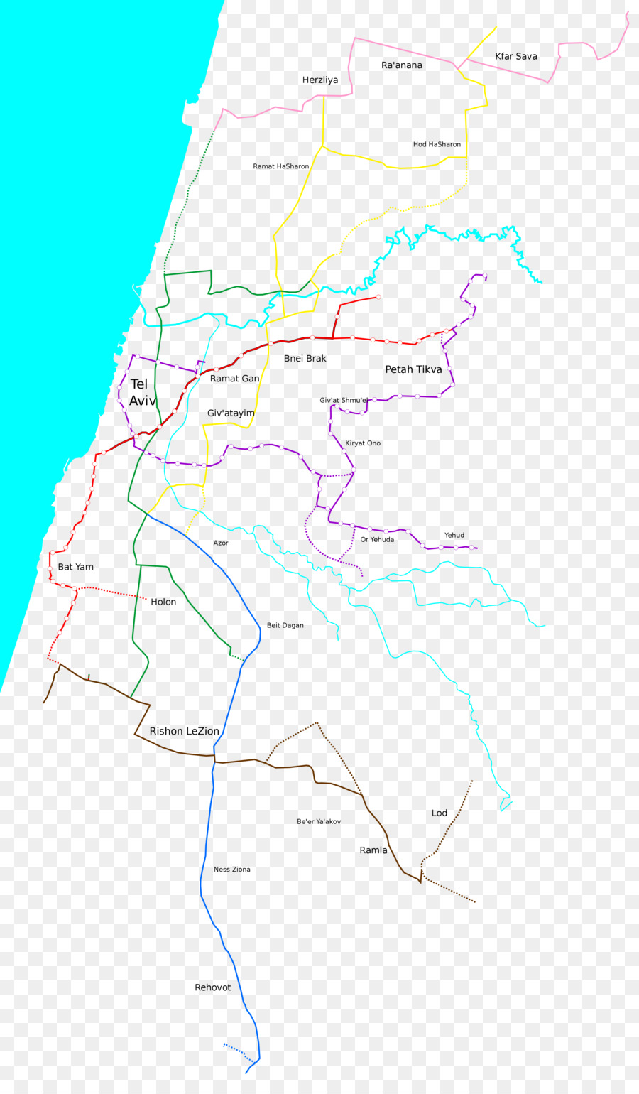 Tel Aviv đường Sắt Ánh sáng Đỏ Dòng hệ thống giao thông ở khu vực của Tel Aviv - những Dòng màu Tím Đường màu Xanh - bản đồ