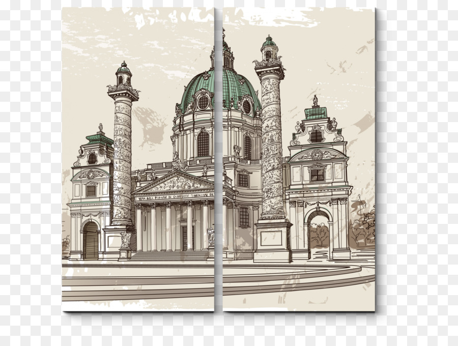 Karlskirche, Wien, Zeichnung, Skizze - Gebäude