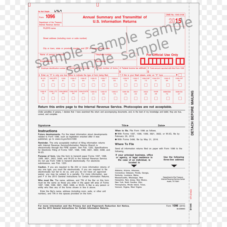 Documento di Forma 1096 Internal Revenue Service (IRS moduli fiscali - vuoto biglietto stub