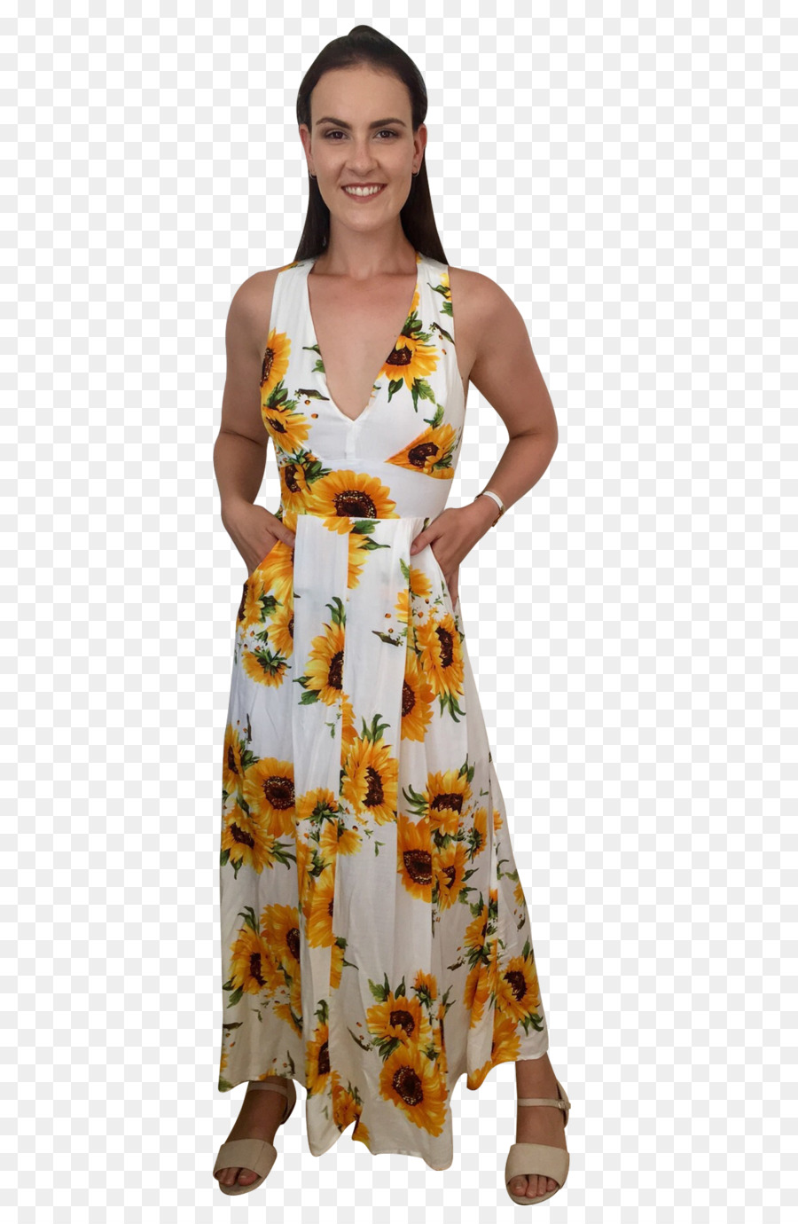 Maxi Kleid, Kleidung Sleeve Fashion - weiß Sonnenblumen