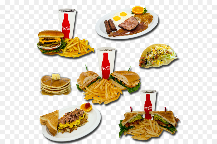 Fast-food-Küche von den Vereinigten Staaten, komplettes Frühstück, Hamburger, Pommes Frites - junk food