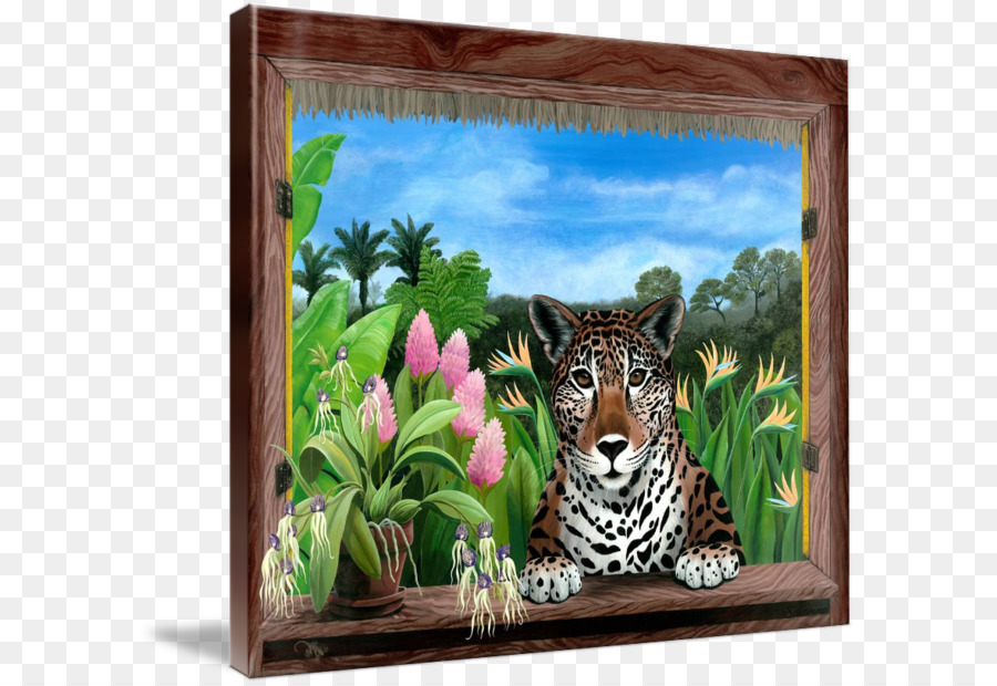 Tiger Jaguar Flora-Fauna-Malerei - Tropische Blumen Aquarell