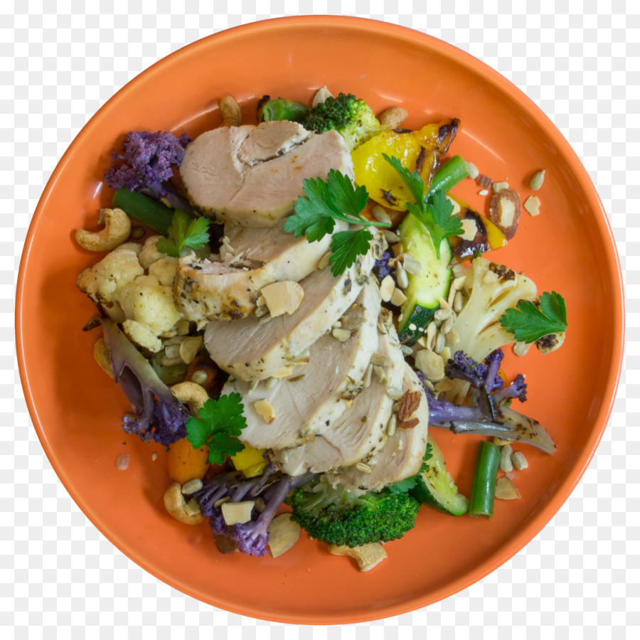 Salat, Gebratenes Huhn mit Soße Vegetarische Küche - Huhn braten