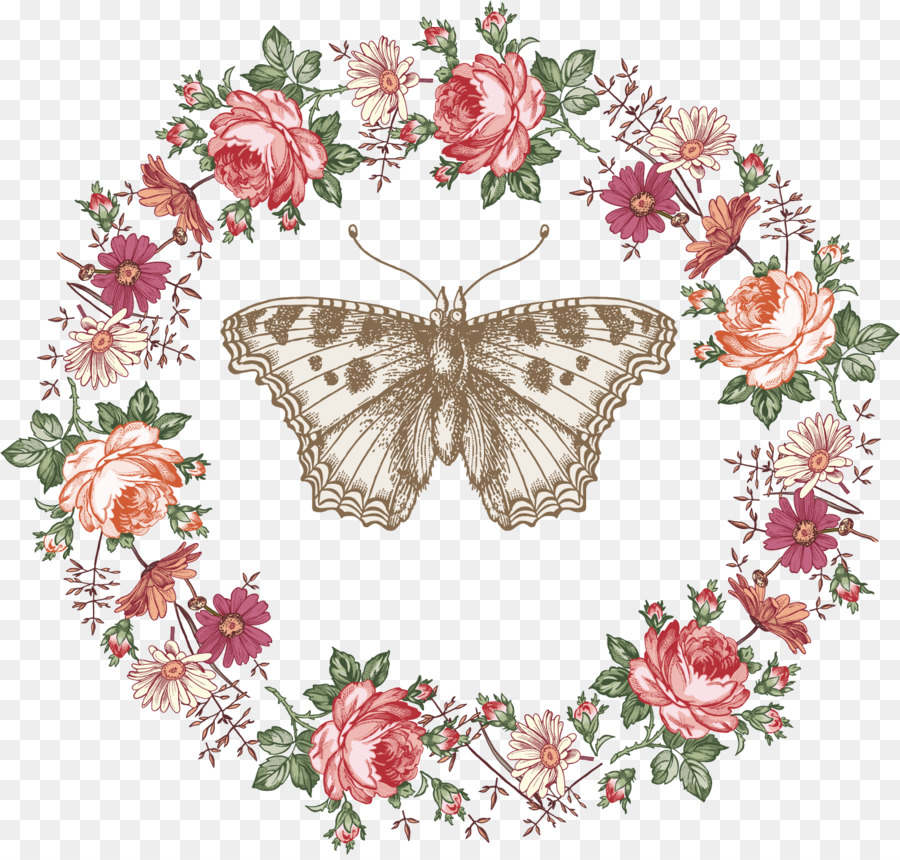 Illustrazione dell'invito di nozze del fiore di farfalla della grafica vettoriale - clipart di png ghirlanda floreale