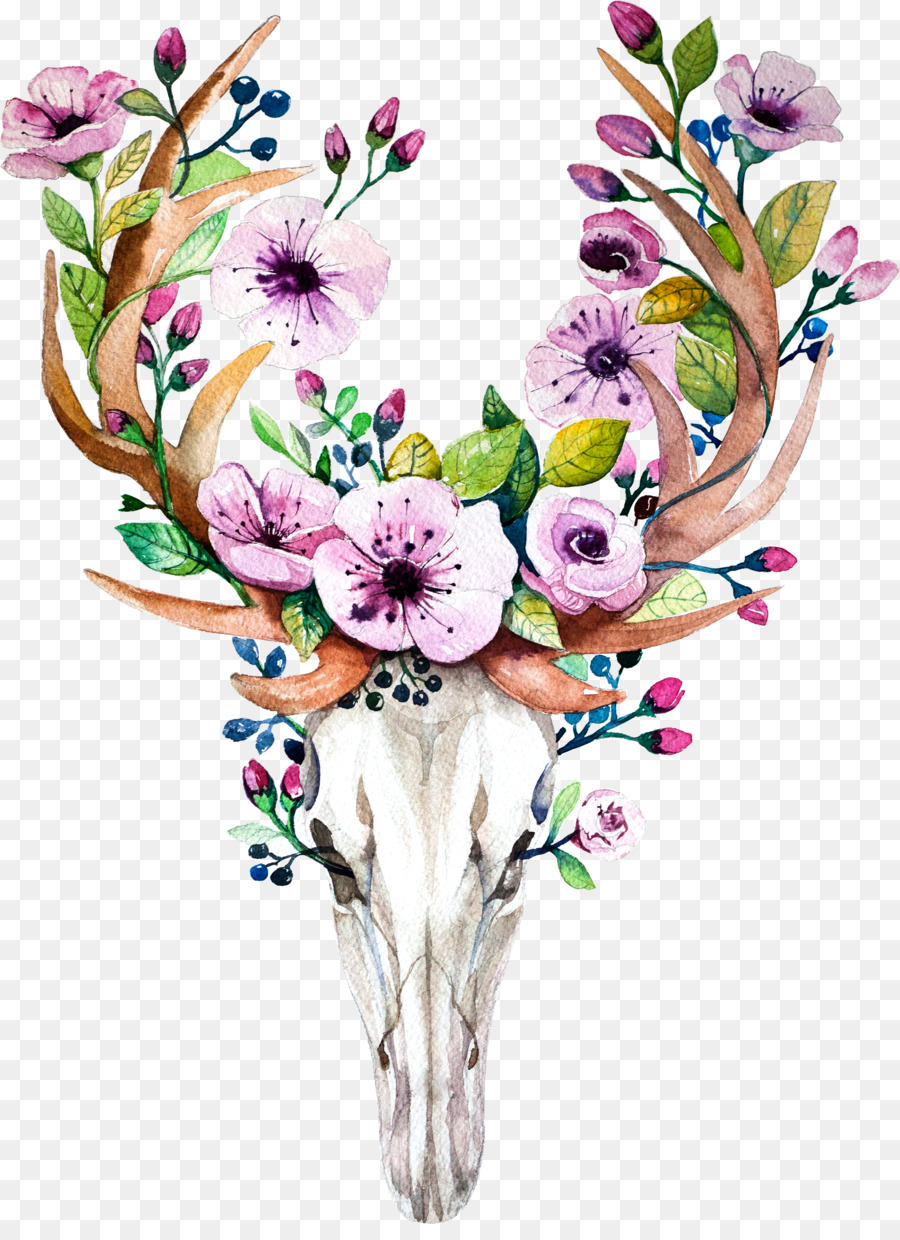 Deer Skull Bức tranh màu nước Hoa Antler - scull màu nước