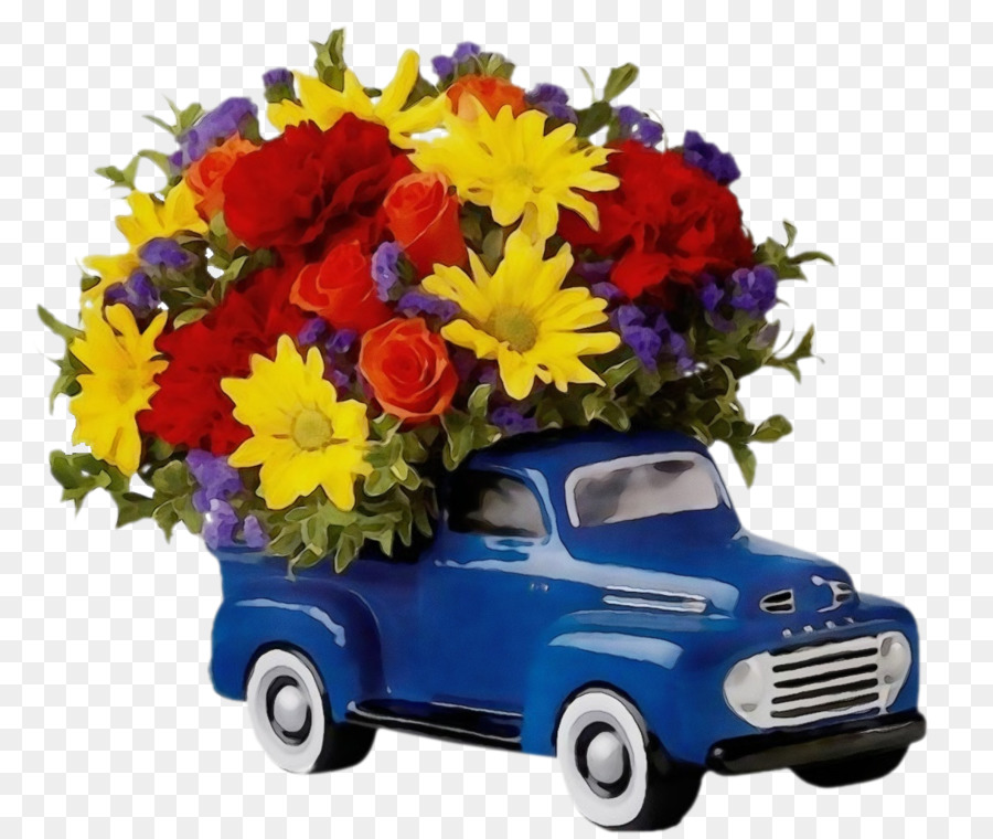 blue car vehicle yellow bouquet