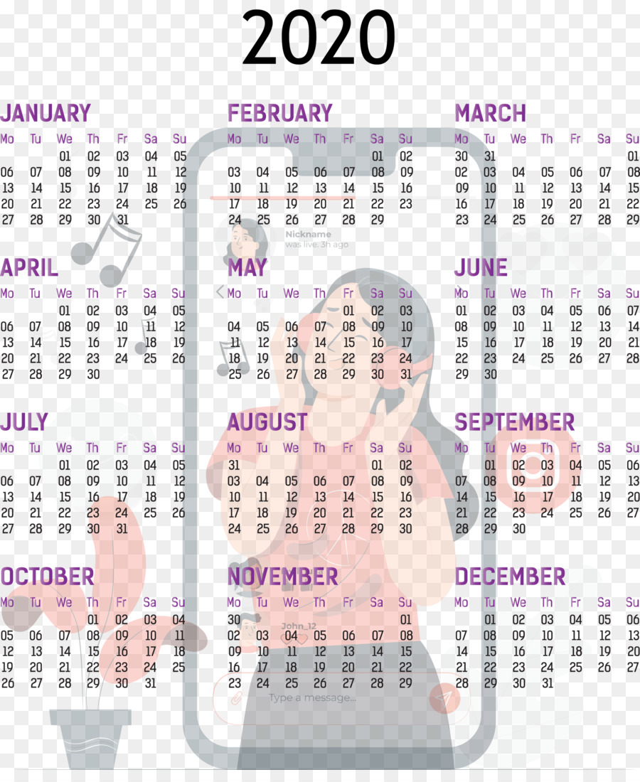 2020 calendario annuale Stampabile 2020 Calendario Annuale Modello di un Intero Anno di Calendario 2 - 