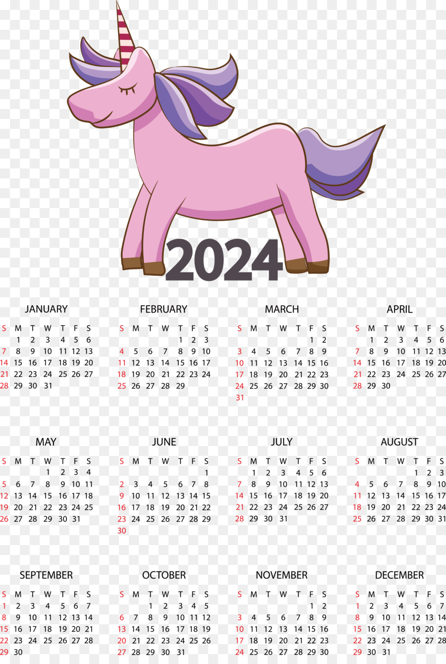2024 Yearly Calendar With Unicorn Theme