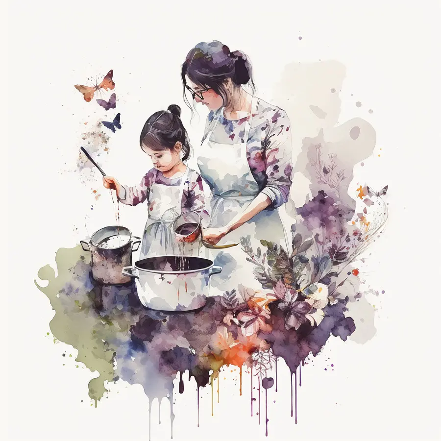 watercolor abstract mother daughter cooking