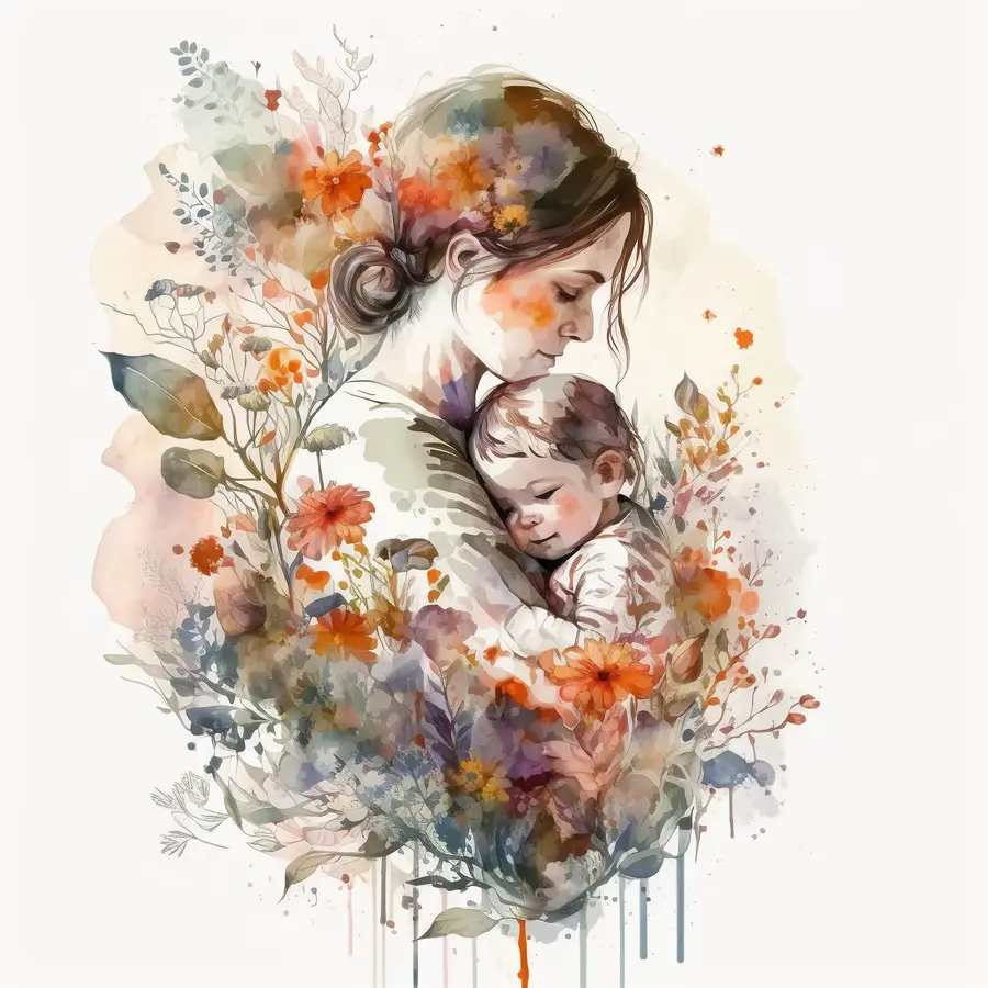 watercolor young woman child flower