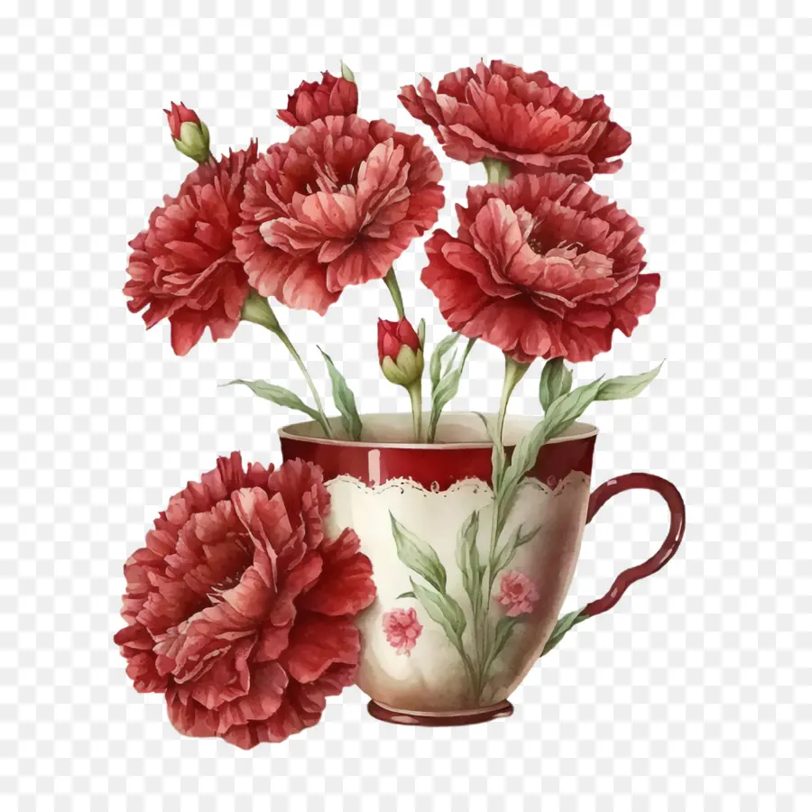 Aquarellkanse Vintage Carnation Flowers Red Cup - 
