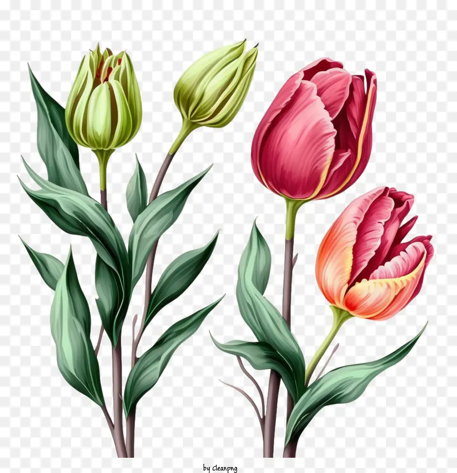 Tulipani disegnati a mano Tulipani rami foglie - 