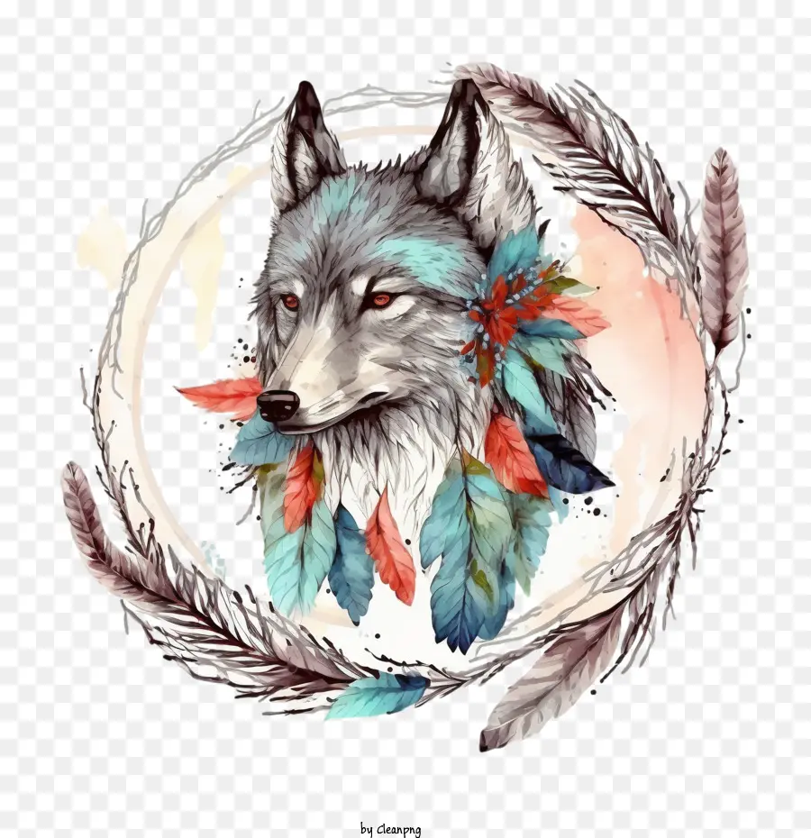 Aquarell Wolf Wolfskopf Wolf mit Federwolf mit Kranz - 