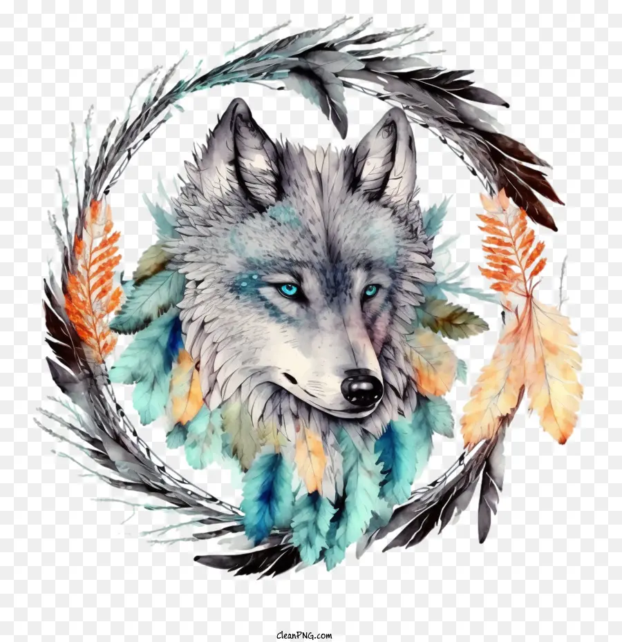 Aquarell Wolf Wolfskopf Wolf mit Federwolf mit Kranz - 