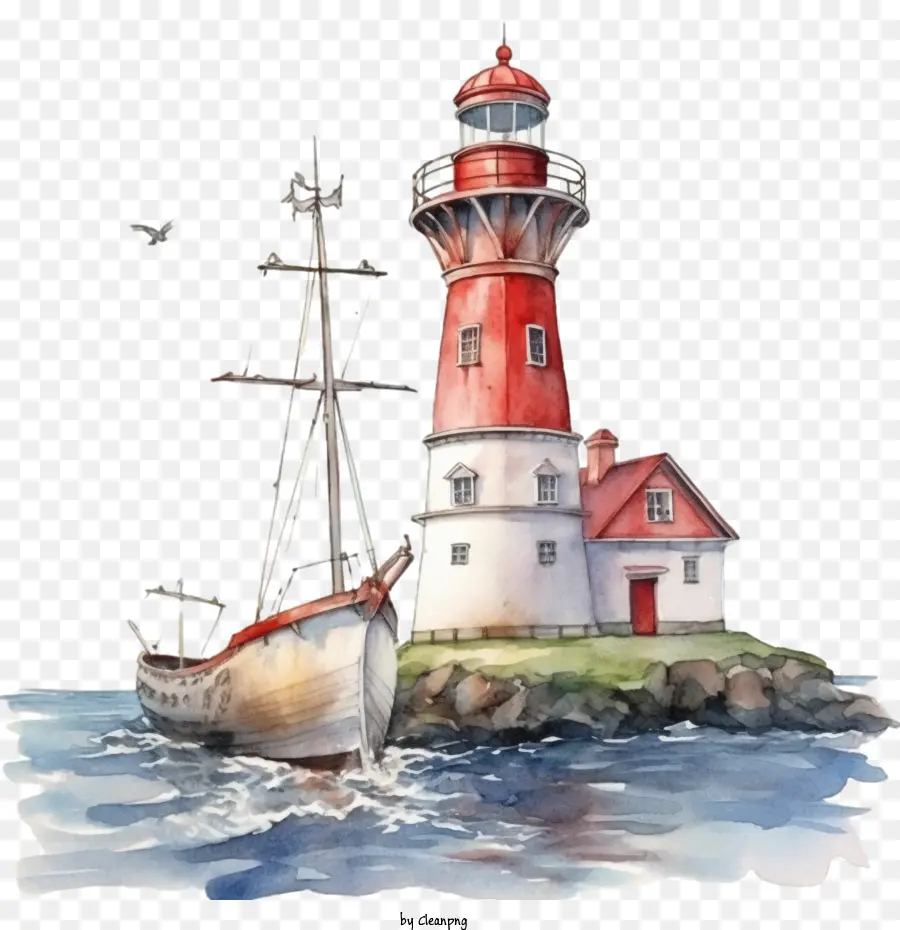 Lighthouse Light House WaterColor Sailboat Lighthouse - 